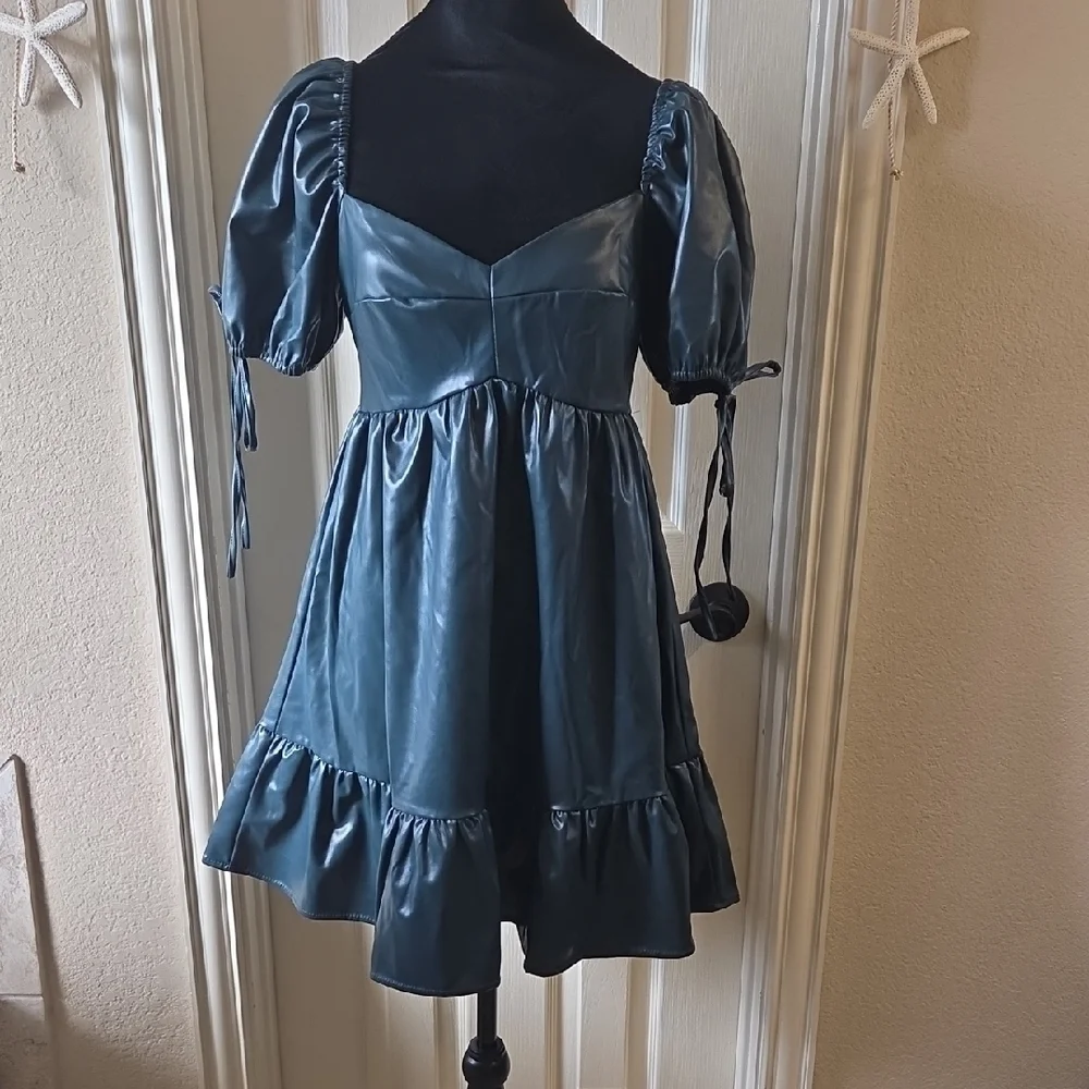 Chic Dark Green Faux Leather Puff Sleeve Mini Dress - Picture 9 of 16